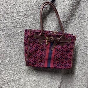 Tommy Hilfiger Pink and Navy Patterned Canvas Tote with Brown Trim